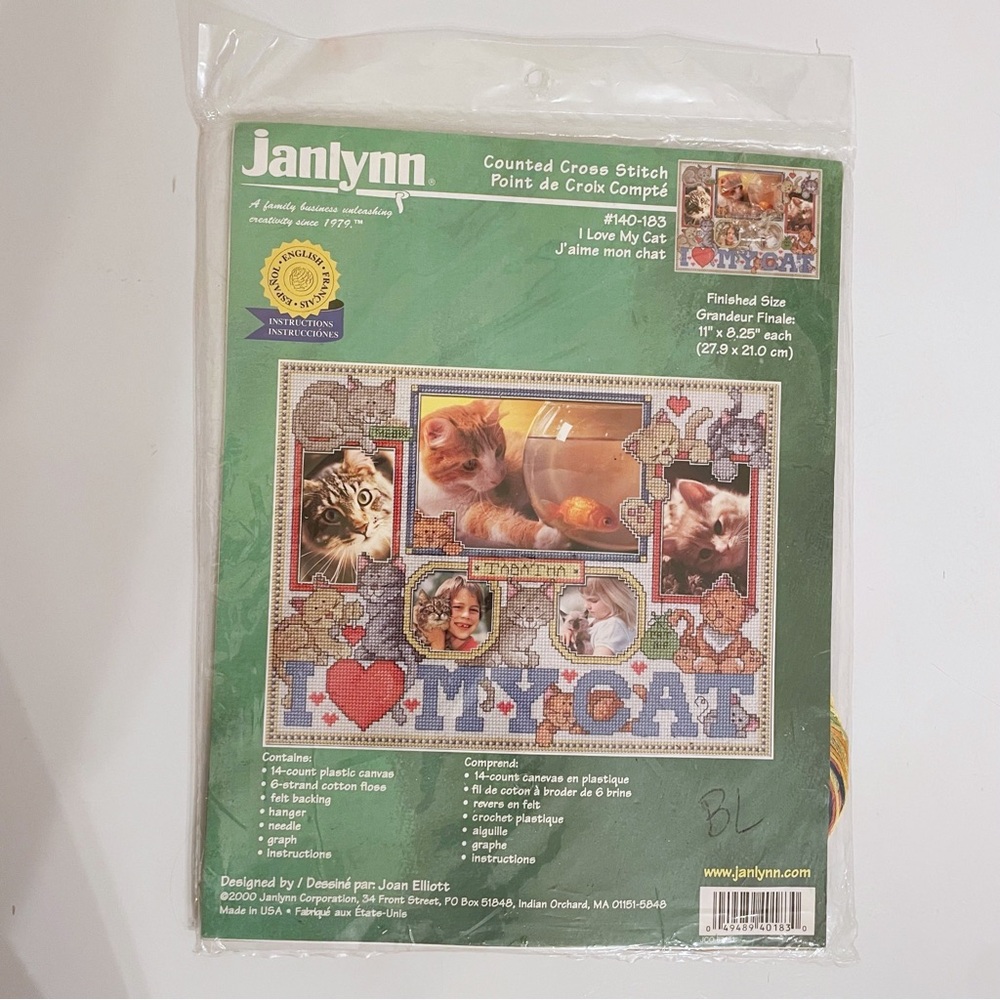 Y2K janlynn “I love my cat” Cross Stitch Kit